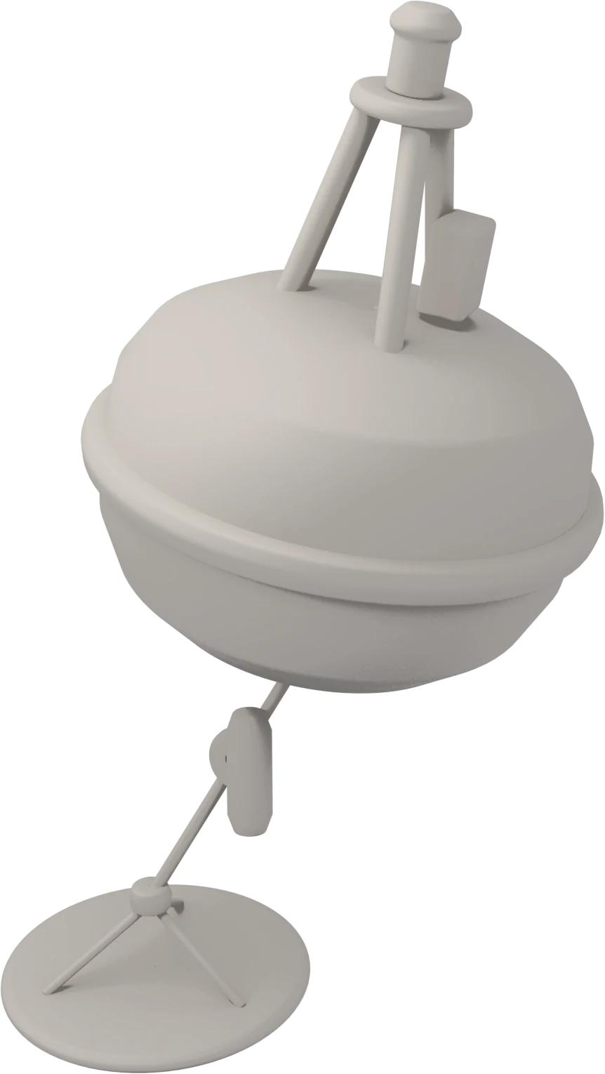 A clay buoy with a disc hanging on a line beneath it.