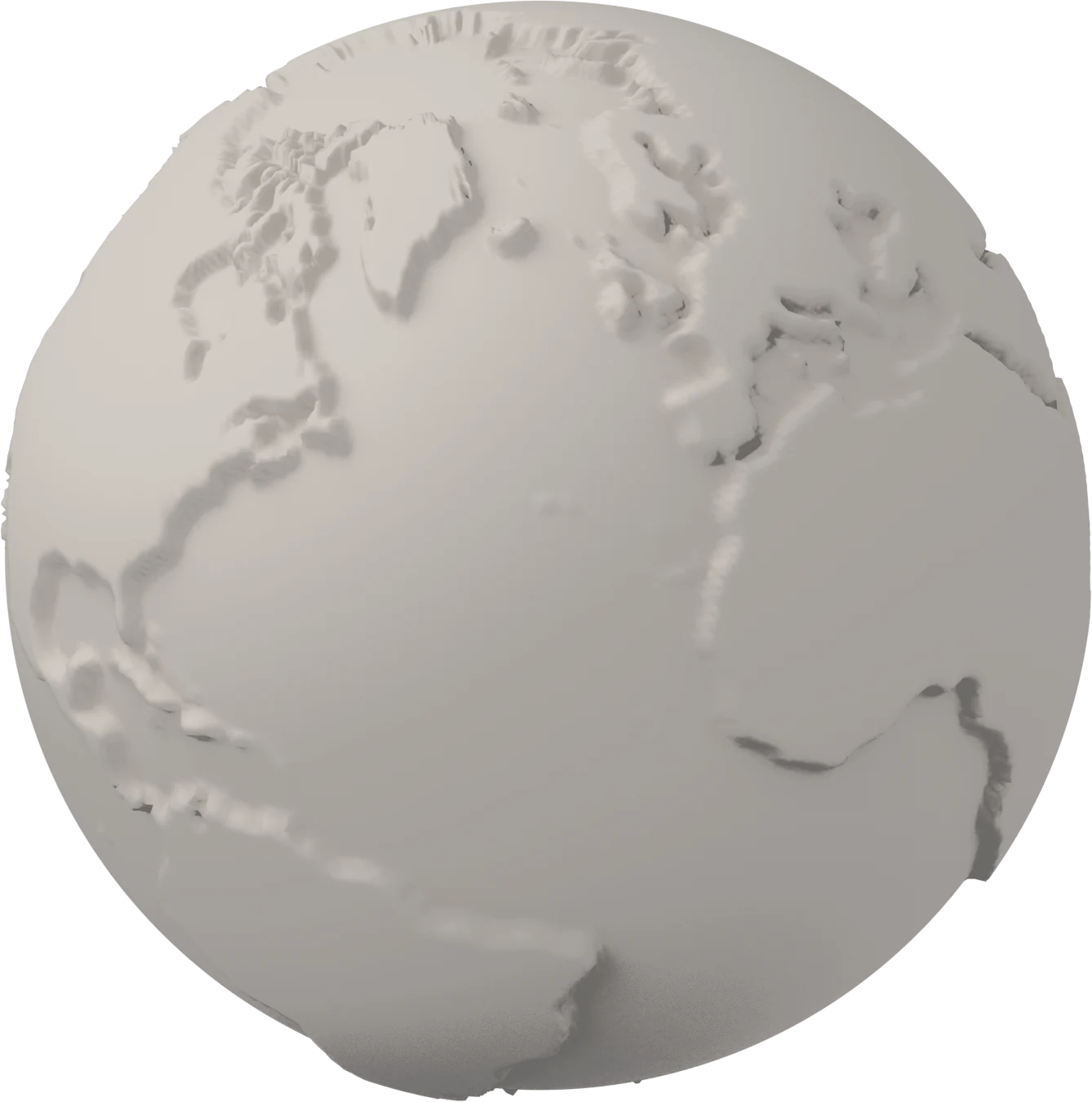 A clay globe, the continents pressed up out of a smooth ocean.